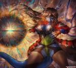  abstract_background amber_eyes anthro armor blue_scales breasts brown_hair cleavage clothed clothing dragon female fingerless_gloves front_view girlsay gloves hair looking_at_viewer melee_weapon membranous_wings nipple_outline red_clothing scales scalie solo sword weapon wings 
