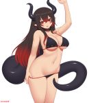  1girl arm_up bangs bare_arms bare_shoulders bikini bikini_pull black_bikini black_hair breasts cleavage collar commission cowboy_shot demon_girl demon_tail earrings eyebrows_visible_through_hair gradient_hair hair_between_eyes jewelry kuroonehalf long_hair looking_at_viewer multicolored_hair nail_polish navel original parted_lips pointy_ears pulled_by_self red_eyes red_hair red_lips red_nails simple_background smile solo stomach straight_hair swimsuit tail thighs underboob waving white_background 