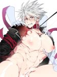  1boy abs adonis_belt alfi_(tok) arms_behind_back black_shirt blazblue bottomless bound bound_arms chest_tattoo clenched_teeth collar disembodied_hands disembodied_limb ear_piercing heterochromia male_focus nipple_piercing open_clothes open_shirt out-of-frame_censoring pectorals pet piercing ragna_the_bloodedge red_rope restrained rope shirt silver_hair simple_background sitting solo spiked_hair suggestive_fluid tattoo teeth toned toned_male tug white_background 