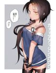  1girl azur_lane bare_shoulders black_hair black_legwear blue_shirt blush breasts cassin_(azur_lane) cleavage collarbone commentary_request cowboy_shot dotsuco fingerless_gloves from_side gloves grey_background hair_ornament hair_over_shoulder hairclip half-closed_eyes highres lips long_hair looking_at_viewer low_ponytail mole mole_under_eye parted_lips shirt shirt_tug small_breasts solo tareme translation_request yellow_eyes 