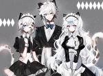  1boy 2girls ;) animal_ear_fluff animal_ears apron arknights bangs black_dress black_jacket blue_eyes blue_neckwear blush bow bowtie brown_eyes butler character_request closed_mouth collared_shirt dress eyebrows_visible_through_hair frilled_dress frills gloves grey_background hair_between_eyes highres holding holding_tray jacket juliet_sleeves long_hair long_sleeves maid maid_headdress menu moemoe3345 multiple_girls one_eye_closed puffy_sleeves shirt smile tail tail_raised tray v-shaped_eyebrows very_long_hair waist_apron white_apron white_gloves white_hair white_shirt 