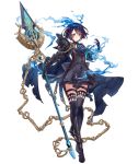  1girl alice_(sinoalice) armor asymmetrical_armor back_bow black_hair bow chain choker clock crossed_legs dress expressionless eyebrows_visible_through_hair full_body gauntlets hairband ji_no looking_at_viewer official_art polearm red_eyes ribbon short_hair shoulder_armor sinoalice solo spear thigh_strap thighhighs transparent_background watson_cross weapon 