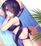  1girl bangs bikini black_bikini black_hair blue_eyes breasts cleavage commentary_request disconnected_mouth dutch_angle groin hair_over_one_eye hair_ribbon kako_(kantai_collection) kantai_collection large_breasts long_hair looking_at_viewer lying messy_hair on_side parted_bangs ponytail red_ribbon ribbon side-tie_bikini smile solo swimsuit tamagawa_yukimaru twitter_username 