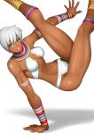  1girl anklet armlet bangs bare_shoulders barefoot blue_eyes breasts commentary_request dark_skin elena_(street_fighter) fingernails highres jewelry nail_polish open_mouth ring_necklace shadow shigenobu shiny shiny_hair short_hair simple_background smile solo street_fighter tan white_hair 