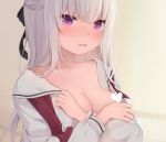  1girl amashiro_natsuki bangs black_bow blush bow breasts censored cleavage commentary_request eyebrows_visible_through_hair grey_hair hair_between_eyes hair_bow heart heart_censor long_hair long_sleeves looking_at_viewer medium_breasts nipple_censor open_clothes open_shirt original parted_lips puffy_long_sleeves puffy_sleeves purple_eyes sailor_collar shirt solo tears upper_body white_sailor_collar white_shirt 