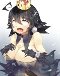  1girl black_gloves black_hair breasts cleavage dress fangs fuzzy_(yoshi&#039;s_island) gloves highres large_breasts looking_at_viewer nipples personification sanpaku sleeveless sleeveless_dress strapless strapless_dress super_crown user_dyyd4882 