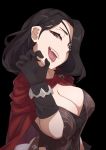  1girl :d absurdres black_background black_gloves black_hair breasts brown_dust brown_eyes cape cleavage eyepatch foxy_(brown_dust) gloves highres long_hair looking_at_viewer mole open_mouth rlin simple_background smile solo teeth tongue tongue_out 