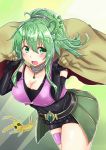  1girl belt blush breasts chan_(akuty_ikkot) cleavage cloak duel_monster elbow_gloves gloves green_eyes green_hair highres jewelry large_breasts necklace ponytail shorts spiritual_beast_tamer_winda thigh_strap thighs winda_priestess_of_gusto yuu-gi-ou 