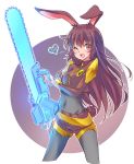  1girl animal_ears breasts brown_eyes brown_hair bunny_ears bunny_girl bunny_tail chainsaw covered_navel highres iesupa long_hair one_eye_closed rwby shorts solo tail velvet_scarlatina 