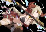  1girl absurdres axe beatrice_(brown_dust) bikini blonde_hair boots braid breasts brown_dust brown_gloves circlet cleavage fur_trim gauntlets gloves highres holding holding_axe horns long_hair navel red_eyes rlin solo swimsuit tattoo thigh_boots thighhighs very_long_hair 