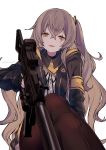  1girl :d aiming_at_viewer artist_name bangs black_jacket black_legwear brown_eyes brown_hair brown_legwear crossed_legs dated dress_shirt eyebrows_visible_through_hair fingerless_gloves girls_frontline gloves gun h&amp;k_ump45 hair_between_eyes hair_ornament head_tilt holding holding_gun holding_weapon jacket long_hair looking_at_viewer mimelond multiple_girls object_namesake one_side_up open_clothes open_jacket open_mouth pantyhose scar scar_across_eye shirt simple_background sitting skirt smile solo submachine_gun ump45_(girls_frontline) very_long_hair weapon white_background white_shirt yellow_eyes 