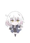  1girl absurdres ahoge bangs black_dress black_footwear blue_coat breasts chibi coat commentary_request dress eyebrows_visible_through_hair fate/grand_order fate_(series) full_body fur_collar fur_trim gorofulu highres jeanne_d&#039;arc_(alter)_(fate) jeanne_d&#039;arc_(fate)_(all) jewelry large_breasts necklace open_clothes open_coat short_hair silver_hair smile tsurime white_background wicked_dragon_witch_ver._shinjuku_1999 yellow_eyes 