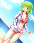  1girl ;d aka_tawashi bangs beach bikini blue_sky blush breasts cleavage cloud collarbone commentary_request day drawstring dutch_angle eyebrows_visible_through_hair feet_out_of_frame green_hair groin hair_between_eyes hand_in_pocket highres hood hooded_jacket jacket kazami_yuuka large_breasts long_sleeves looking_at_viewer navel ocean one_eye_closed open_clothes open_jacket open_mouth outdoors plaid plaid_bikini red_bikini red_eyes short_hair sky smile solo standing stomach swimsuit thighs touhou white_jacket 
