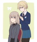  2girls adjusting_another&#039;s_hair alternate_hairstyle bangs black_neckwear black_skirt blonde_hair blue_eyes blue_skirt blue_sweater blush braid braiding_hair chair commentary darjeeling dress_shirt emblem eyebrows_visible_through_hair girls_und_panzer green_background grey_shirt hairdressing half-closed_eyes insignia itsumi_erika kuromorimine_school_uniform long_hair long_sleeves looking_at_another looking_at_viewer miniskirt multiple_girls necktie outside_border pleated_skirt school_uniform shirt short_hair silver_hair sitting skirt st._gloriana&#039;s_(emblem) st._gloriana&#039;s_school_uniform standing sweater tied_hair torinone v-neck white_shirt wing_collar yuri 