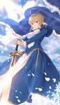  1girl ahoge artoria_pendragon_(all) bangs blonde_hair blue_cape blue_dress blush braid breasts cape cloud dress excalibur fate/grand_order fate/stay_night fate_(series) flower french_braid frown fur-trimmed_cape fur_trim glowing glowing_sword glowing_weapon green_eyes highres juliet_sleeves long_sleeves medium_breasts petals planted_sword planted_weapon puffy_sleeves saber shiny shiny_hair short_hair sky solo sunlight sword weapon yijian_ma 