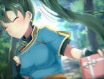  1girl aone_hiiro blue_dress blurry blush breasts clenched_hand closed_eyes depth_of_field dress earrings embarrassed fingerless_gloves fire_emblem fire_emblem:_rekka_no_ken forest frown gift gloves green_hair jewelry lyndis_(fire_emblem) nature path ponytail road 