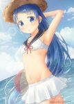  1girl alternate_costume arm_up armpits artist_name ball bangs bare_arms bare_shoulders bikini bikini_skirt blue_eyes blue_hair blush cloud cloudy_sky collarbone commentary_request eyebrows_visible_through_hair flat_chest hand_behind_head hat kantai_collection light_rays long_hair looking_at_viewer mae_(maesanpicture) navel ocean outdoors sailor_bikini sailor_collar samidare_(kantai_collection) shiny shiny_hair sky straw_hat swept_bangs swimsuit very_long_hair wavy_hair 