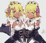  1boy 1girl aura_bella_fiora bangs blonde_hair blue_eyes blush cosplay cowboy_shot dark_skin detached_sleeves frills green_eyes grey_background hair_between_eyes heterochromia highres looking_at_viewer maid maid_headdress mare_bello_fiore otoko_no_ko overlord_(maruyama) ram_(re:zero) ram_(re:zero)_(cosplay) re:zero_kara_hajimeru_isekai_seikatsu rem_(re:zero) rem_(re:zero)_(cosplay) short_hair so-bin standing 