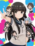  6+girls aoshima_sakana bangs black_hair blue_sailor_collar blue_skirt blunt_bangs brown_eyes chibi collared_shirt cowboy_shot fubuki_(kantai_collection) hatsuyuki_(kantai_collection) isonami_(kantai_collection) kantai_collection long_hair miyuki_(kantai_collection) multicolored multicolored_background multiple_girls murakumo_(kantai_collection) neckerchief pleated_skirt sailor_collar school_uniform serafuku shirayuki_(kantai_collection) shirt skirt solo_focus uranami_(kantai_collection) v 