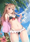  1girl adapted_costume bikini black_bikini blue_sky breasts brown_eyes cloud collarbone cowboy_shot day frilled_bikini frills hair_flaps heterochromia highres kantai_collection light_brown_hair long_hair mia_(kuja999) murasame_(kantai_collection) navel outdoors palm_tree red_eyes remodel_(kantai_collection) sailor_bikini sailor_collar side-tie_bikini sky small_breasts smile solo swimsuit tree two_side_up wet 