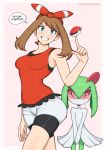  afrobull armpits bandana bike_shorts blue_eyes blush brown_hair gen_3_pokemon green_hair hair_ribbon haruka_(pokemon) kirlia long_hair looking_at_viewer poke_ball pokemon pokemon_(creature) red_eyes ribbon shorts simple_background smile sweat tank_top trembling watermark 