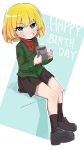  1girl bangs black_footwear black_legwear black_skirt blonde_hair blue_eyes blush bob_(you-u-kai) commentary cup english_text eyebrows_visible_through_hair full_body girls_und_panzer green_background green_jacket grin happy_birthday highres holding holding_cup invisible_chair jacket katyusha loafers long_sleeves looking_at_viewer miniskirt mug outline pleated_skirt pravda_school_uniform red_shirt school_uniform shadow shirt shoes short_hair sitting skirt smile socks solo turtleneck white_outline 