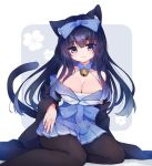  1girl animal_ears arashio_(azur_lane) azur_lane bell black_hair blue_skirt blush bow breasts cat_ears cat_girl cat_tail cleavage collarbone eyebrows_visible_through_hair floral_print hair_between_eyes hair_bow hakama_skirt highres japanese_clothes jingle_bell large_breasts long_hair long_sleeves looking_at_viewer pantyhose petals purple_bow purple_eyes shadow shichijou_natori sitting skirt solo tail white_background wide_sleeves 