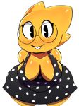  absurd_res alphys anthro big_breasts breasts buckteeth clothed clothing down_blouse dress eyewear female freckles glasses hi_res high-angle_view lizard looking_at_viewer monster non-mammal_breasts reptile scales scalie simple_background solo somescrub teeth undertale video_games yellow_scales yellow_skin 