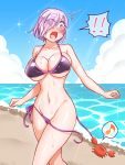  1girl assisted_exposure beach bikini blue_sky blush breasts cleavage cloud crab day embarrassed eyes_visible_through_hair fate/grand_order fate_(series) hair_over_one_eye large_breasts mabo-udon mash_kyrielight navel ocean open_mouth outdoors pulled_by_another purple_eyes purple_hair sand short_hair sky solo surprised swimsuit 