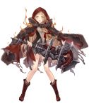  1girl :d belt blonde_hair boots cloak dress eyes_visible_through_hair full_body hair_ribbon holding holding_weapon hood hood_up ji_no little_red_riding_hood_(sinoalice) long_hair looking_at_viewer mace official_art open_mouth orange_hair ribbon sinoalice smile solo torn_cloak torn_clothes transparent_background upper_teeth weapon 