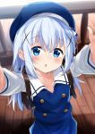  1girl :o absurdres arms_up back backpack bag bangs beret blue_eyes blue_hair blue_headwear blue_skirt blue_vest blurry blurry_background blush chestnut_mouth commentary_request depth_of_field eyebrows_visible_through_hair from_above gochuumon_wa_usagi_desu_ka? hair_between_eyes hair_ornament hat highres indoors kafuu_chino kafuu_chino&#039;s_school_uniform long_hair long_sleeves looking_at_viewer looking_up mousou_(mousou_temporary) outstretched_arms parted_lips railing reaching_out sailor_collar school_uniform shirt skirt solo vest white_sailor_collar white_shirt wooden_floor x_hair_ornament 