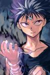  1boy bandages black_fire black_hair fire flame hankuri hiei_(yuu_yuu_hakusho) male_focus multicolored_hair simple_background smile solo spiked_hair third_eye two-tone_hair upper_body white_hair yuu_yuu_hakusho 