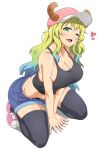  1girl ;d baseball_cap black_legwear blonde_hair blush breasts cleavage denim denim_shorts dragon_girl dragon_horns full_body gradient_hair green_eyes green_hair hat heart highres horns kani_club kobayashi-san_chi_no_maidragon large_breasts long_hair looking_at_viewer multicolored_hair one_eye_closed open_mouth pink_headwear quetzalcoatl_(maidragon) shorts slit_pupils smile solo tank_top thighhighs wavy_hair 