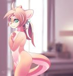  5_fingers anthro blurred_background brown_hair detailed_background digital_media_(artwork) hair hi_res hybrid lutrine mammal mustelid phation smile solo standing yellow_eyes 