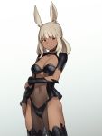  1girl :/ animal_ears arm_at_side arm_under_breasts bangs breasts bunny_ears commentary cowboy_shot dark_skin final_fantasy final_fantasy_xii fran gradient gradient_background grey_hair houtengeki looking_at_viewer medium_breasts medium_hair navel red_eyes see-through simple_background solo vambraces viera 