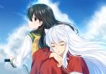  1boy 1girl animal_ears bicycle black_hair blue_sky blush brown_eyes chin_rest closed_eyes cloud dog_ears ground_vehicle higurashi_kagome inuyasha inuyasha_(character) istriri jewelry long_hair looking_back necklace school_uniform serafuku sky white_hair 