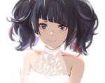  1girl bangs bare_shoulders commentary_request diagonal_bangs idolmaster idolmaster_shiny_colors lace light_smile looking_at_viewer portrait purple_eyes purple_hair short_twintails sidelighting simple_background sketch solo takagaki_eru tanaka_mamimi twintails white_background 