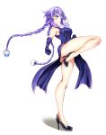  1girl alternate_costume ass bare_legs bare_shoulders blue_eyes blush braid breasts china_dress chinese_clothes dress fighting_stance floral_print from_side gloves hair_ornament hairclip high_heels highres kurozero leg_up legs looking_at_viewer medium_breasts neptune_(series) power_symbol purple_dress purple_gloves purple_hair purple_heart shin_jigen_game_neptune_vii simple_background smile solo symbol-shaped_pupils thighs twin_braids twintails white_background 