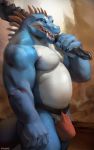  2019 anthro blue_scales bulge chunie claws clothing detailed_background digital_media_(artwork) hi_res holding_object holding_weapon humanoid_penis loincloth looking_aside male melee_weapon musclegut muscular muscular_male open_mouth penis penis_base reptile scales scalie solo standing weapon white_scales 