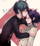  2boys ahoge black_hair black_shirt blush checkered checkered_scarf commentary_request danganronpa dated eyebrows_visible_through_hair forehead_kiss hand_on_head heart jacket kiss long_sleeves male_focus medium_hair multiple_boys new_danganronpa_v3 ouma_kokichi parted_lips purple_hair saihara_shuuichi scarf shirt short_hair striped striped_shirt translation_request twitter_username upper_body white_jacket yaoi z-epto_(chat-noir86) 