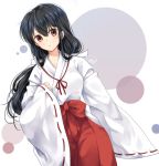  1girl black_hair brown_eyes dutch_angle haori higurashi_kagome inuyasha istriri japanese_clothes long_hair miko polka_dot sleeves_past_wrists solo white_background wide_sleeves 