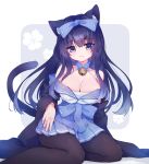  1girl animal_ear_fluff animal_ears arashio_(azur_lane) azur_lane bangs bare_shoulders bell black_hair blue_bow blue_skirt blush bow breasts brown_legwear cat_ears cat_girl cat_tail cleavage closed_mouth collarbone commentary_request eyebrows_visible_through_hair floral_background floral_print grey_background hair_between_eyes hair_bow hakama_skirt head_tilt highres japanese_clothes jingle_bell large_breasts long_hair long_sleeves looking_at_viewer off_shoulder pantyhose petals pleated_skirt purple_bow purple_eyes purple_hair shadow shichijou_natori shirt sitting skirt solo tail two-tone_background white_background white_shirt wide_sleeves 