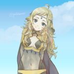  1girl ahoge arms_behind_back blonde_hair blue_eyes blue_sky cape center_opening circlet closed_mouth cloud covered_navel fire_emblem fire_emblem_if long_hair ophelia_(fire_emblem_if) pirihiba sky smile solo twitter_username upper_body 