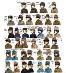  6+girls absurdres adrian_helmet anyan_(jooho) bashlik belt beret brodie_helmet budenovka camembert_(headgear) campaign_hat cappello_alpino cockade czapka dragoon_helmet feldmutzen_(cap) garrison_cap glenngarry_cap hat headgear helmet highres kepi korean_commentary korean_text korsehut military military_hat military_rank_insignia military_uniform multiple_girls necktie original peaked_cap pickelhaube pith_helmet sam_browne_belt shacko slouch_hat stahlhelm translation_request tricorne uniform upper_body world_war_i 