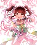  1girl :d breasts brown_eyes brown_hair cleavage commentary_request dress eyebrows_visible_through_hair flower gloves hair_flower hair_ornament hair_ribbon hairband highres idolmaster idolmaster_cinderella_girls looking_at_viewer nanananananasea ogata_chieri open_mouth pink_dress ribbon short_hair smile solo tareme twintails upper_body white_gloves white_ribbon 