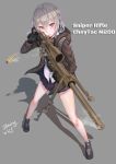  1girl absurdres ahoge bipod bolt_action cheytac_m200 dancing_wolf english_text full_body girls_frontline gloves gun highres hood hood_down hooded_jacket jacket m200_(girls_frontline) motion_blur purple_eyes rifle scope shadow signature silver_hair simple_background smoke sniper_rifle solo weapon 