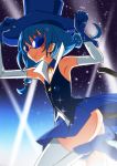  1girl ass blue_cat blue_gloves blue_hair blue_skirt boots braid cat_tail gloves hat highres no_panties pointy_ears precure skirt solo star_twinkle_precure sunglasses tail thighhighs top_hat twin_braids yuto_(dialique) 