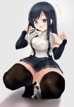  1boy 1girl admiral_(kantai_collection) alicemagic alternate_breast_size arm_warmers asashio_(kantai_collection) black_hair black_legwear blue_eyes breasts eyebrows_visible_through_hair full_body giantess gradient gradient_background grey_skirt hair_between_eyes hat highres kantai_collection large_breasts long_hair military military_hat military_uniform naval_uniform open_mouth panties peaked_cap pleated_skirt school_uniform shadow shirt short_sleeves skirt squatting surprised suspender_skirt suspenders sweatdrop thighhighs underwear uniform white_background white_panties white_shirt 