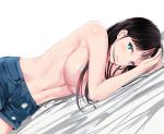  1girl areolae bangs black_hair blue_eyes blue_shorts blush breasts closed_mouth hair_over_breasts hand_on_head large_breasts long_hair looking_at_viewer lying navel on_side original schreibe_shura short_shorts shorts sidelocks solo stomach toned topless 