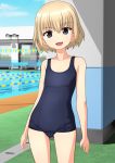  1girl absurdres ass_visible_through_thighs bangs blonde_hair blue_eyes blue_sky blue_swimsuit cloud commentary_request contrapposto cowboy_shot flat_chest girls_und_panzer highres katyusha looking_at_viewer open_mouth outdoors pool school_swimsuit school_uniform short_hair sky solo standing swimsuit takafumi upper_teeth 